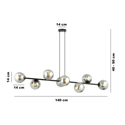Lustra ar auklu ROSSI 8xE14/10W/230V melna/pelēka