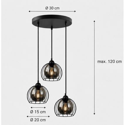 Lustra ar auklu SOLO BLACK 3xE27/60W/230V d. 30 cm