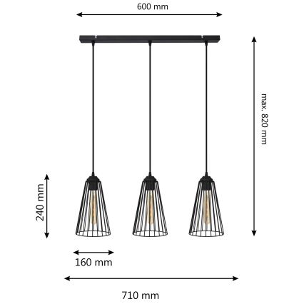 Lustra ar auklu TORRI 3xE27/15W/230V melna