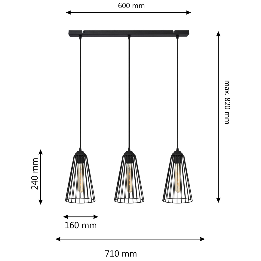 Lustra ar auklu TORRI 3xE27/15W/230V melna