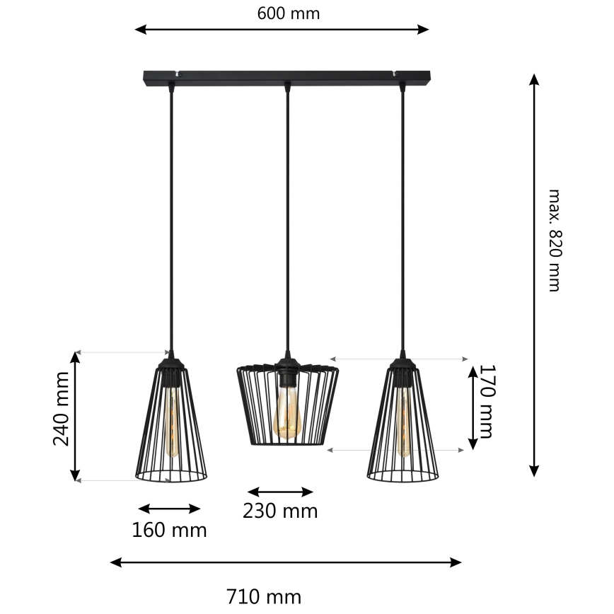Lustra ar auklu TORRI 3xE27/15W/230V melna