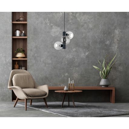 Lustra ar auklu TUBE 3xE27/60W/230V melna/caurspīdīga