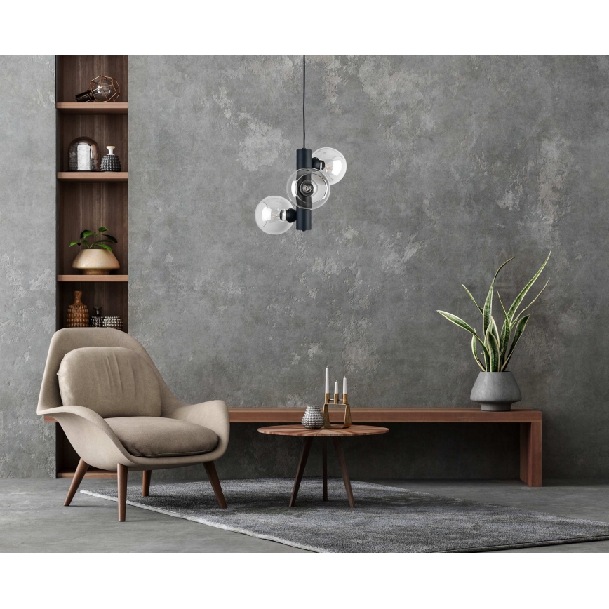 Lustra ar auklu TUBE 3xE27/60W/230V melna/caurspīdīga