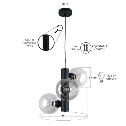 Lustra ar auklu TUBE 3xE27/60W/230V melna/caurspīdīga