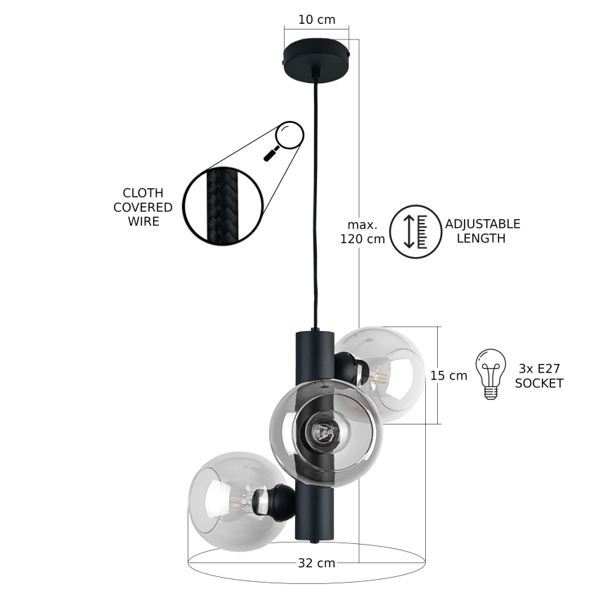 Lustra ar auklu TUBE 3xE27/60W/230V melna/caurspīdīga