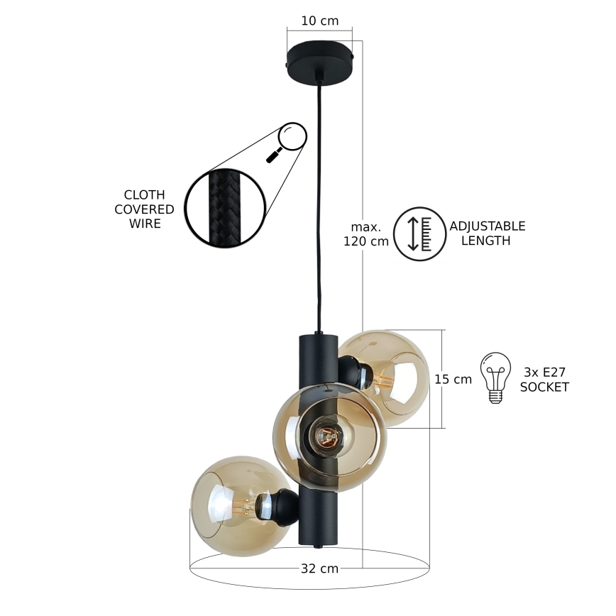 Lustra ar auklu TUBE 3xE27/60W/230V melna/dūmakains bēša