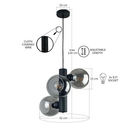 Lustra ar auklu TUBE 3xE27/60W/230V melna/dūmakains melna