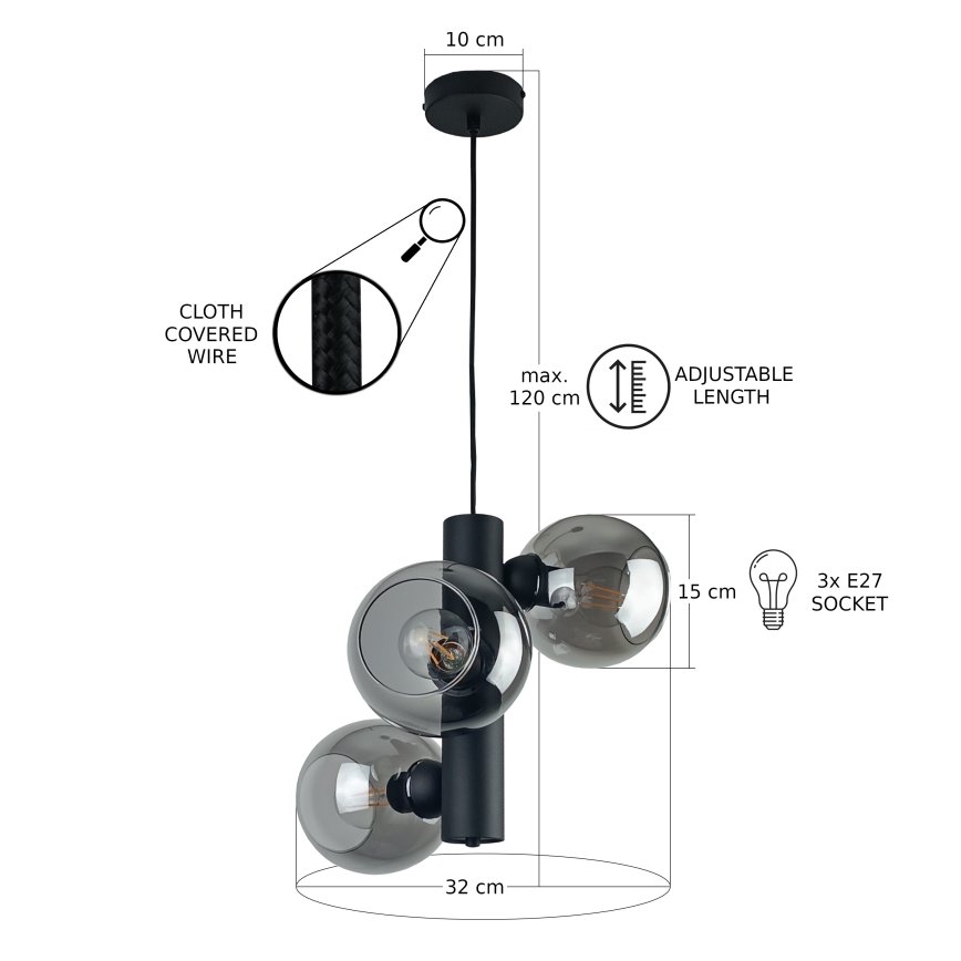 Lustra ar auklu TUBE 3xE27/60W/230V melna/dūmakains melna