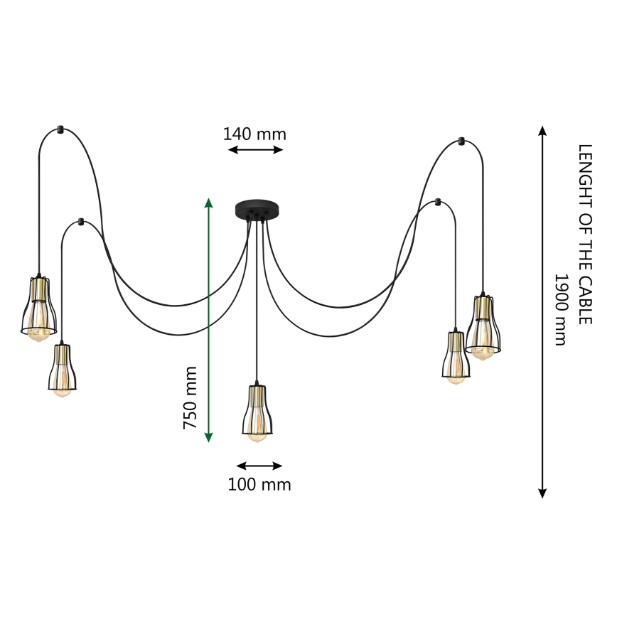 Lustra ar auklu TUBE 5xE27/15W/230V zirneklis melna/spīdīgi hromēts
