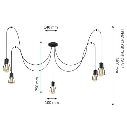 Lustra ar auklu TUBE LONG 5xE27/10W/230V melna