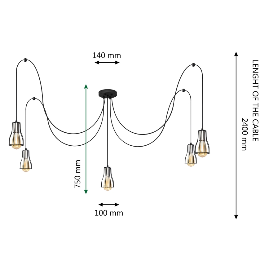 Lustra ar auklu TUBE LONG 5xE27/15W/230V melna/spīdīgi hromēts