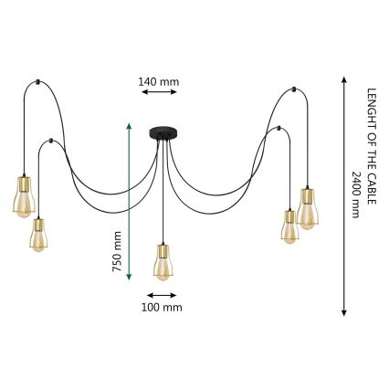 Lustra ar auklu TUBE LONG 5xE27/15W/230V melna/zelta