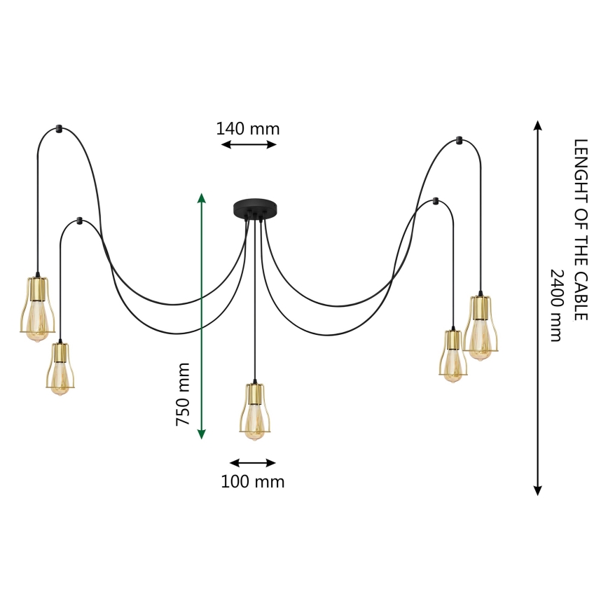 Lustra ar auklu TUBE LONG 5xE27/15W/230V melna/zelta