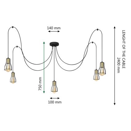 Lustra ar auklu TUBE LONG 5xE27/15W/230V melna/zelta