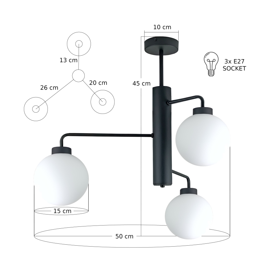 Lustra ar stieni FLEX 3xE27/60W/230V melna/balta