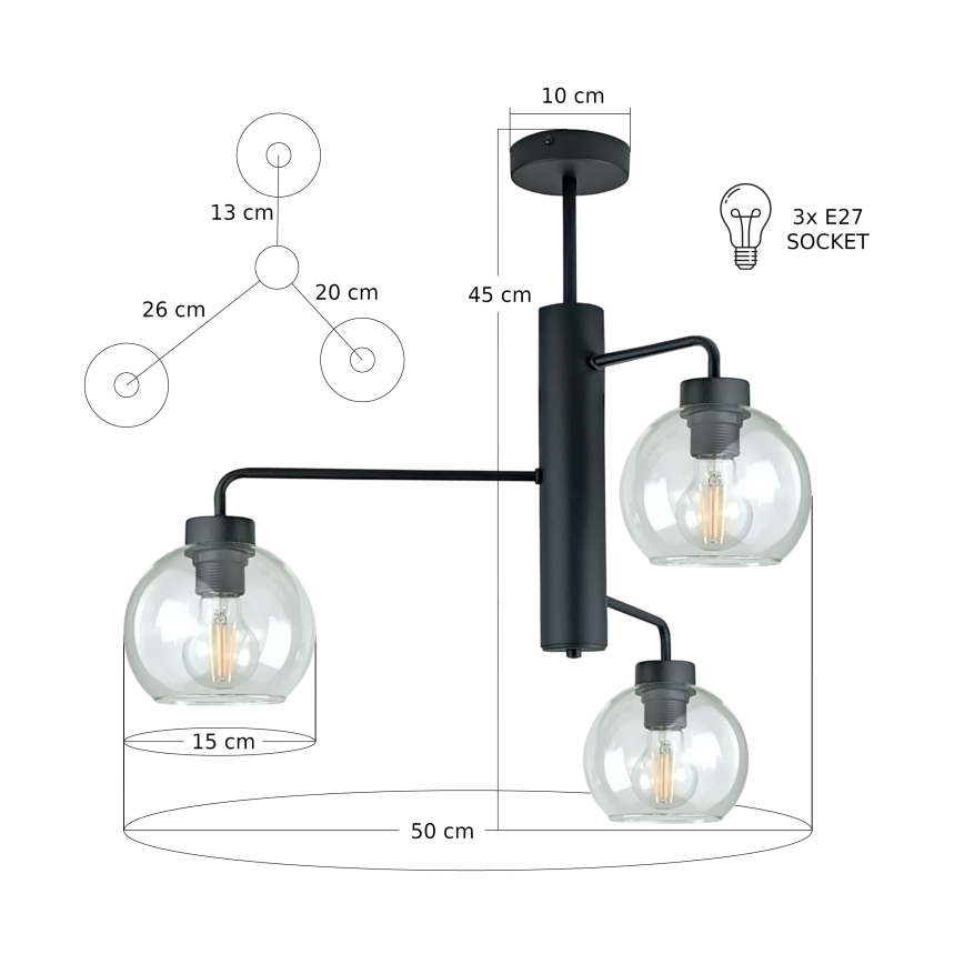Lustra ar stieni FLEX 3xE27/60W/230V melna/caurspīdīga