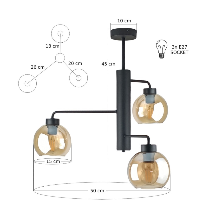 Lustra ar stieni FLEX 3xE27/60W/230V melna/dūmakains bēša