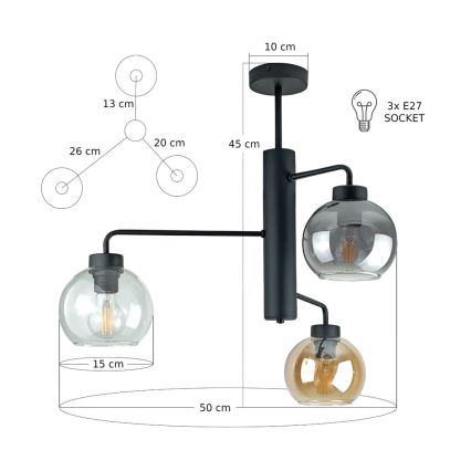 Lustra ar stieni FLEX 3xE27/60W/230V melna/dūmakains melna/dūmakains bēša/caurspīdīga
