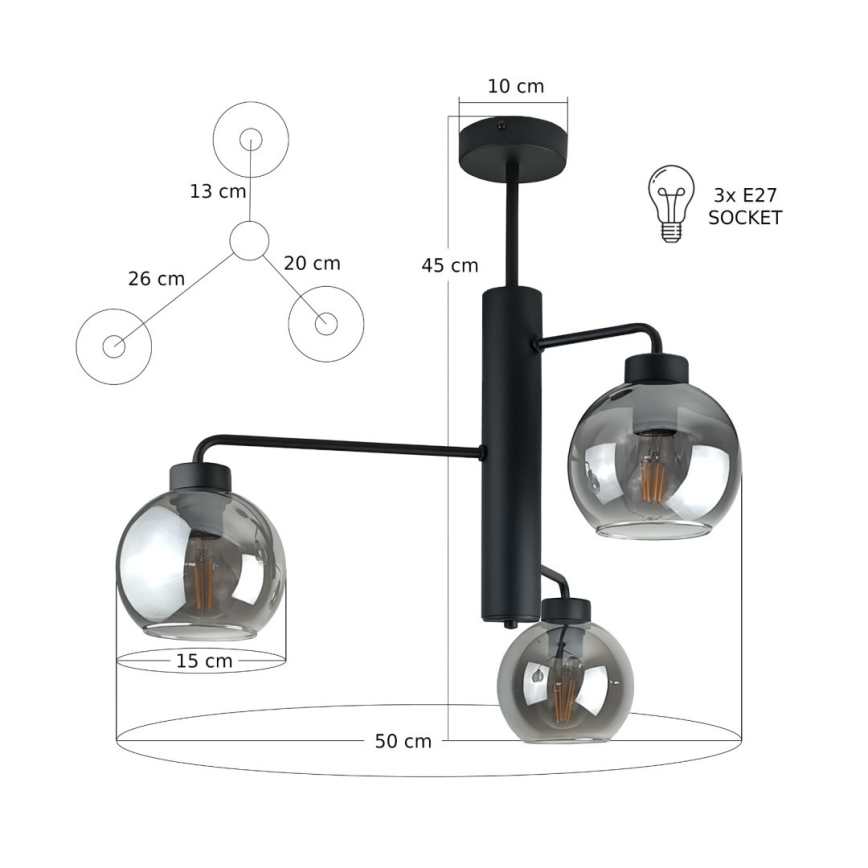 Lustra ar stieni FLEX 3xE27/60W/230V melna/dūmakains melna