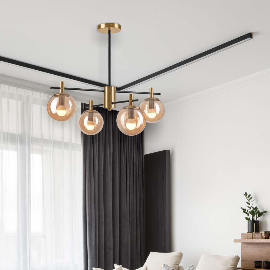 Lustra ar stieni LILOU 4xE14/5W/230V zelta/melna/dūmakains bēša