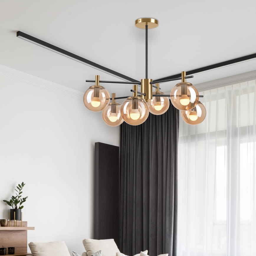 Lustra ar stieni LILOU 6xE14/5W/230V zelta/melna/dūmakains bēša