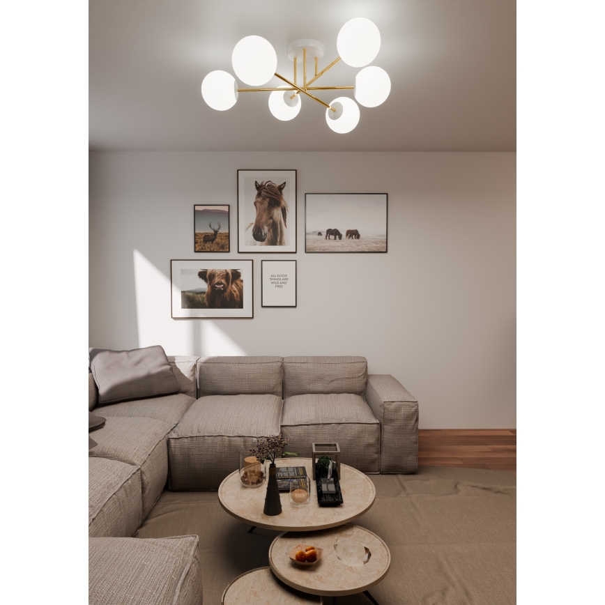 Lustra ar stieni MAGNUM 6xE14/10W/230V balta/zelta