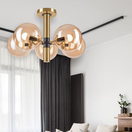Lustra ar stieni ROLLO 5xE14/5W/230V zelta/dūmakains bēša