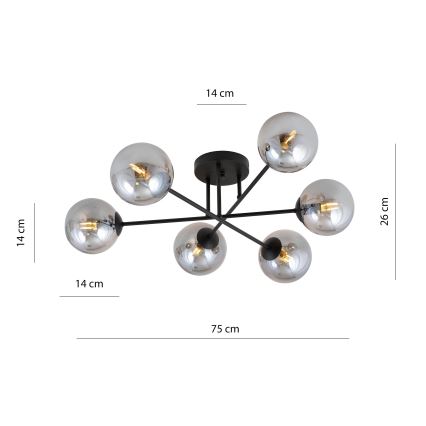 Lustra ar stieni ROMA 6xE14/10W/230V melna/dūmakains