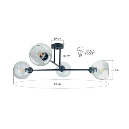 Lustra ar stieni VASCO 4xE27/60W/230V melna/caurspīdīga