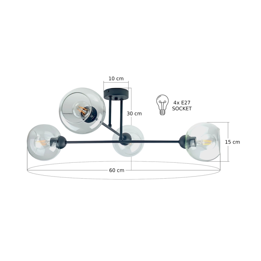 Lustra ar stieni VASCO 4xE27/60W/230V melna/caurspīdīga
