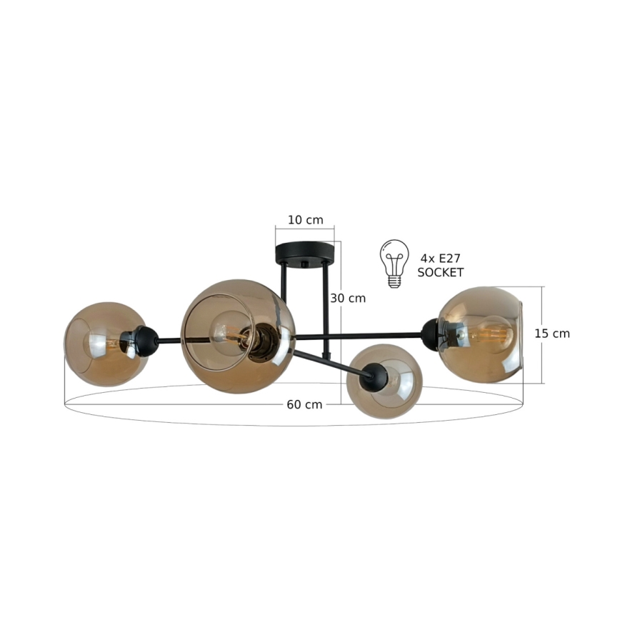 Lustra ar stieni VASCO 4xE27/60W/230V melna/dūmakains bēša