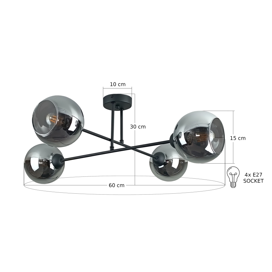 Lustra ar stieni VASCO 4xE27/60W/230V melna/dūmakains melna