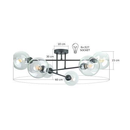 Lustra ar stieni VASCO 6xE27/60W/230V melna/caurspīdīga