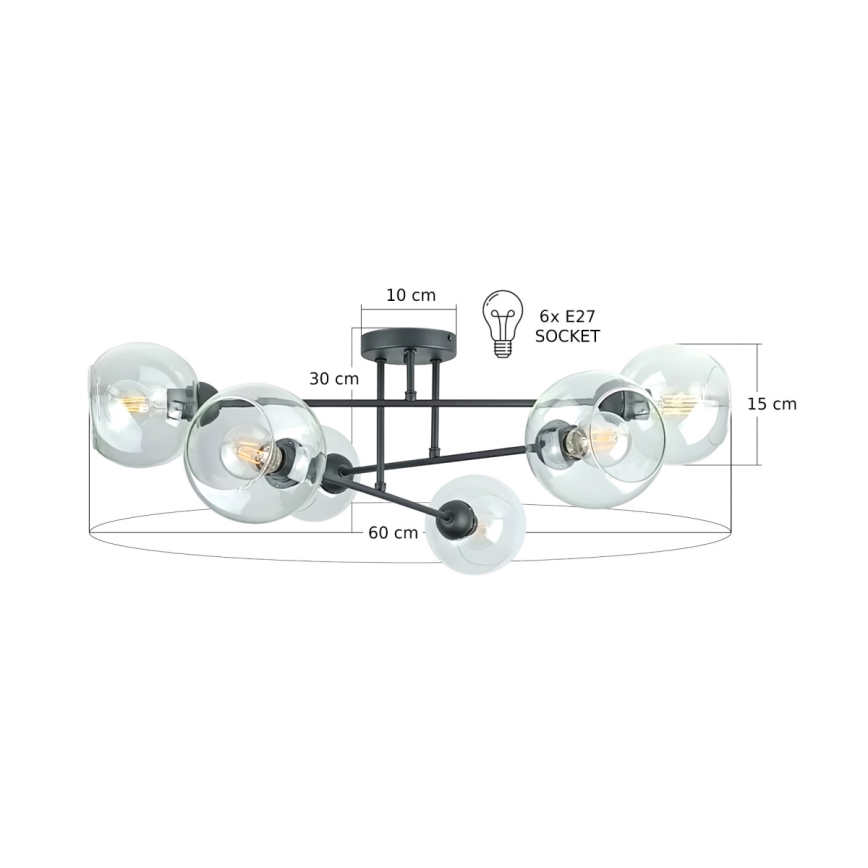Lustra ar stieni VASCO 6xE27/60W/230V melna/caurspīdīga