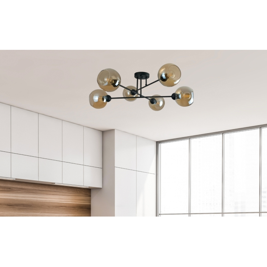Lustra ar stieni VASCO 6xE27/60W/230V melna/dūmakains bēša