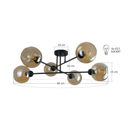 Lustra ar stieni VASCO 6xE27/60W/230V melna/dūmakains bēša