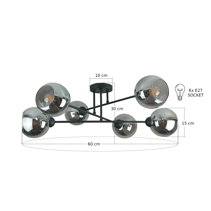 Lustra ar stieni VASCO 6xE27/60W/230V melna/dūmakains melna