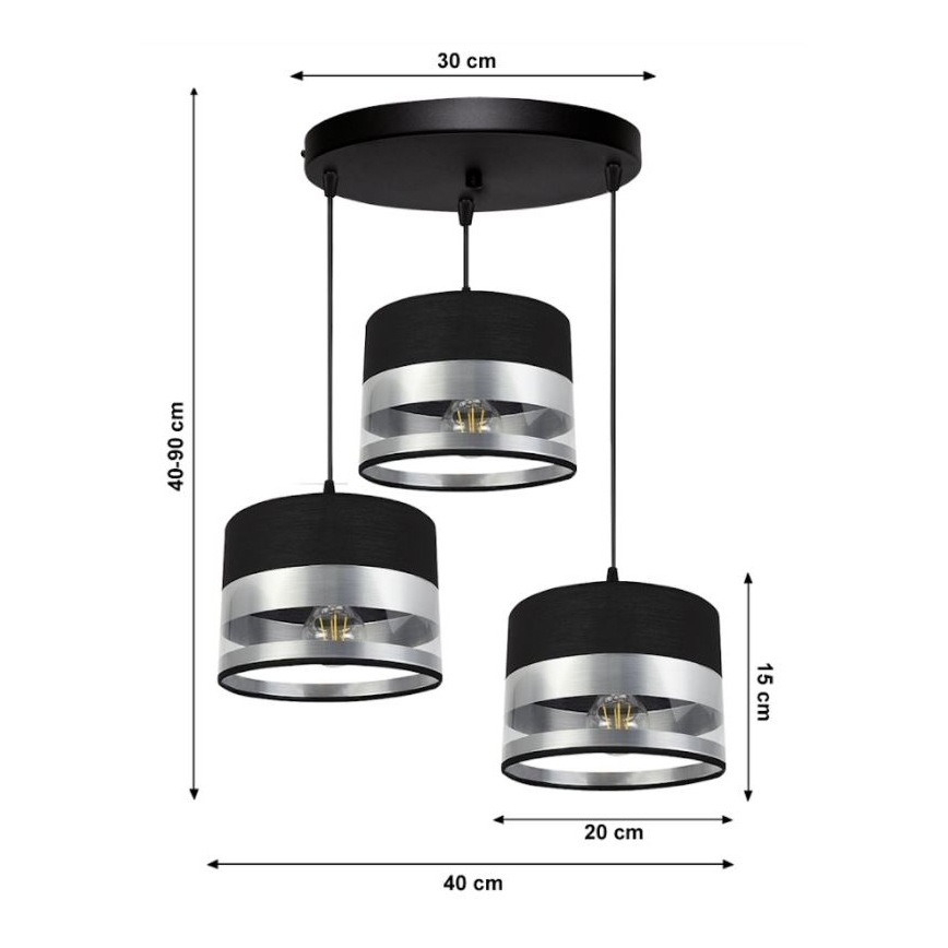 Lustra uz auklas MILO 3xE27/60W/230V sudraba/melna