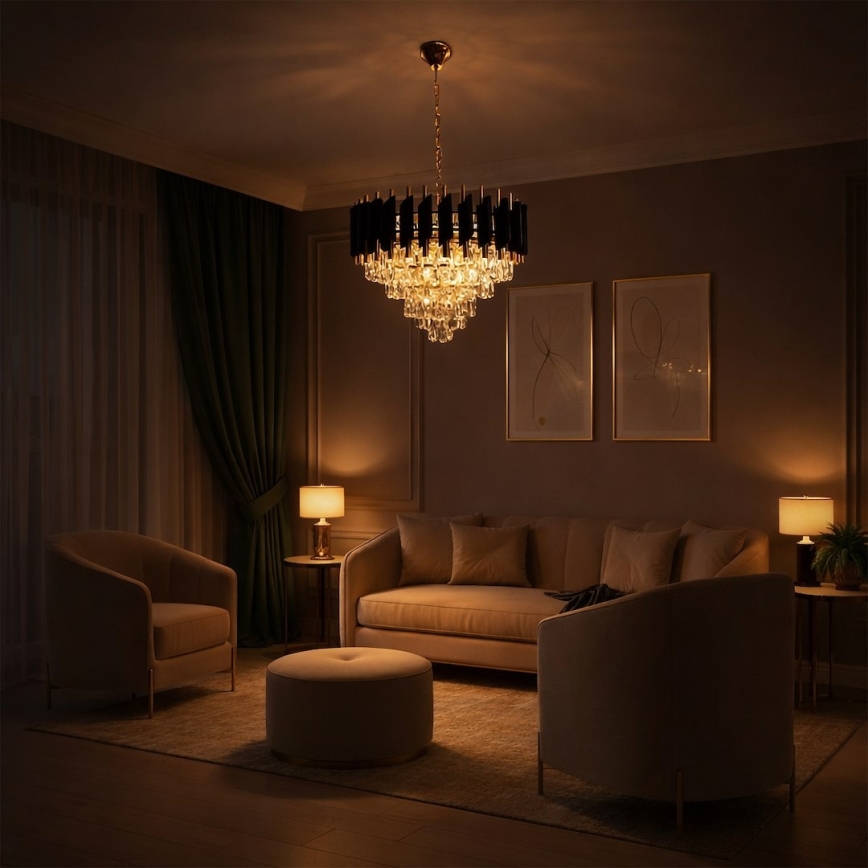 Lustra uz ķēdes CRISTAL 7xE14/10W/230V melna/zelta
