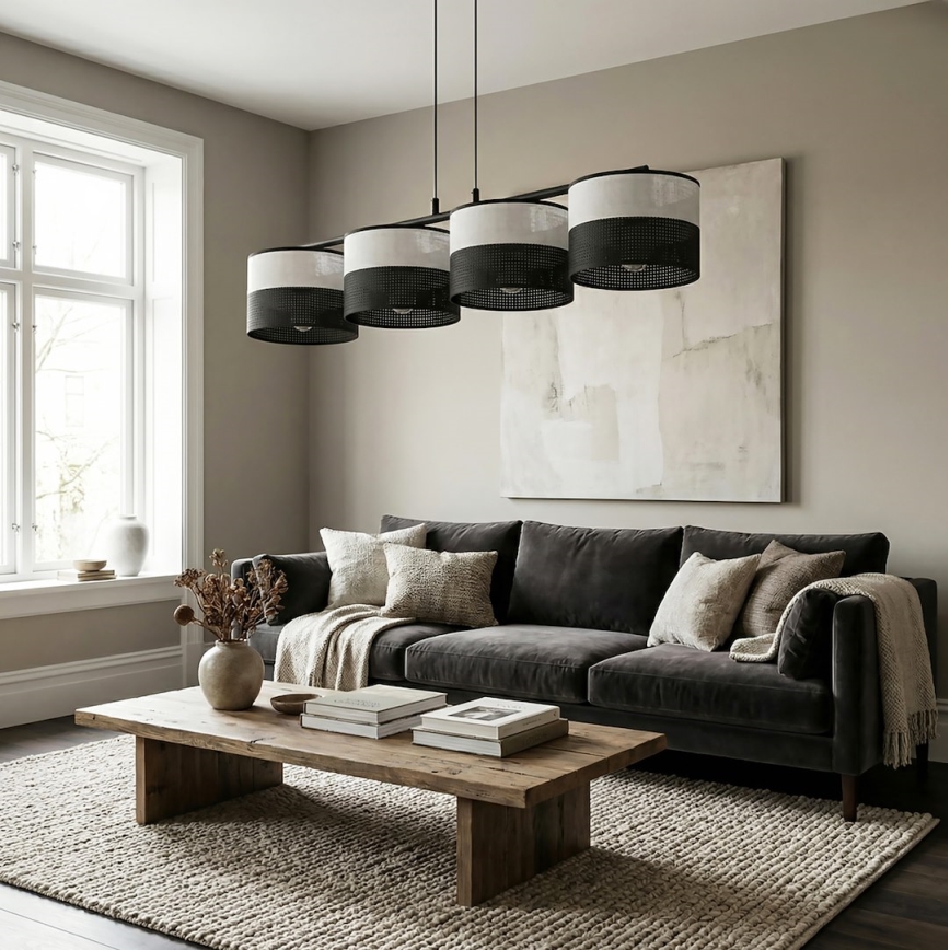 Lustra uz troses KARBON 4xE27/15W/230V melna/pelēka