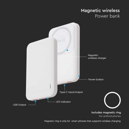 Magnētiskais Ārējais akumulators ar bezvadu lādētāju Power Delivery 10 000mAh/20W/3,7V balta