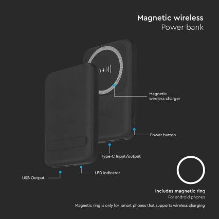 Magnētiskais Ārējais akumulators ar bezvadu lādētāju Power Delivery 10 000mAh/20W/3,7V melna