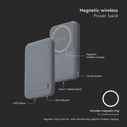 Magnētiskais Ārējais akumulators ar bezvadu lādētāju Power Delivery 10 000mAh/20W/3,7V pelēka