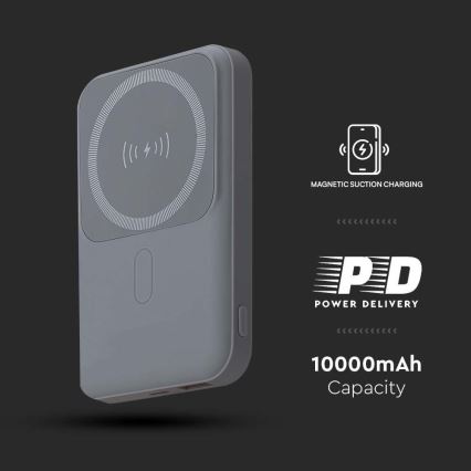 Magnētiskais Ārējais akumulators ar bezvadu lādētāju Power Delivery 10 000mAh/20W/3,7V pelēka