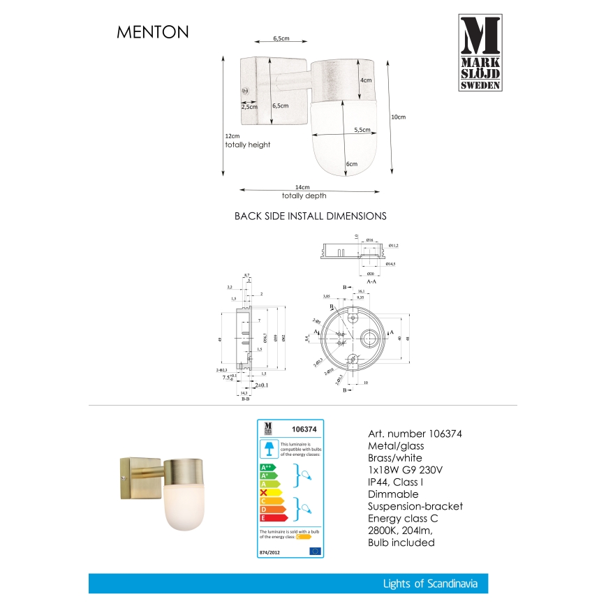 Markslöjd 106374 - Vannas istabas griestu gaismeklis MENTON 1xG9/18W230V IP44