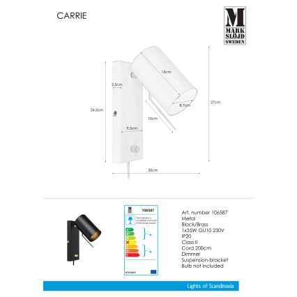Markslöjd 106587 - Aptumšojams sienas gaismeklis CARRIE 1xGU10/35W/230V melns
