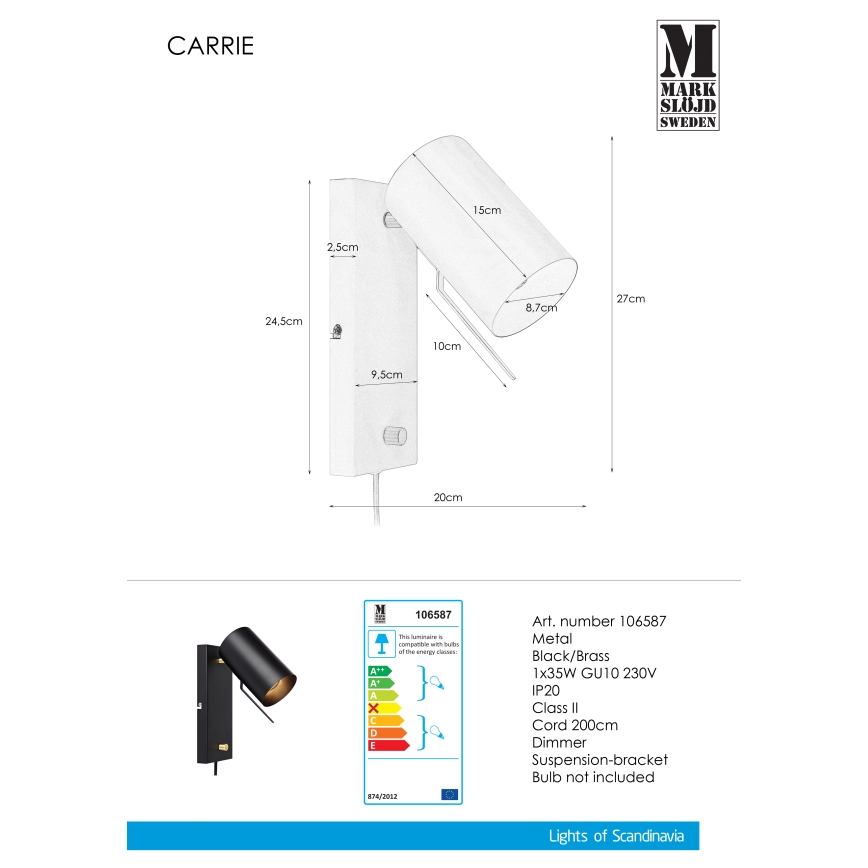 Markslöjd 106587 - Aptumšojams sienas gaismeklis CARRIE 1xGU10/35W/230V melns