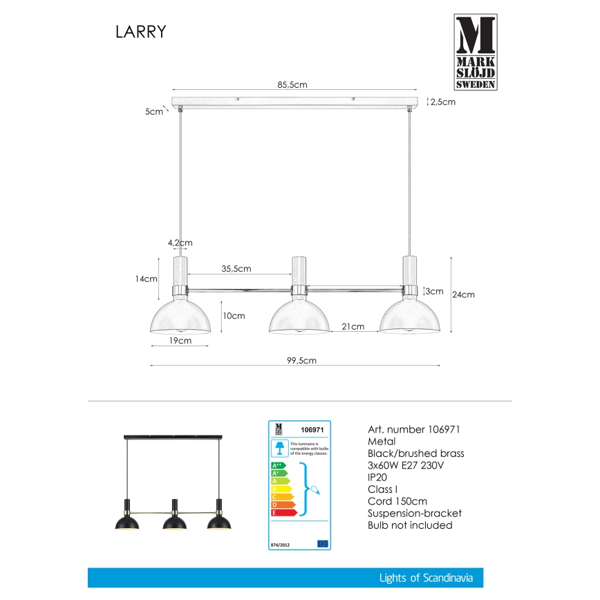 Markslöjd 106971 - Lustra ar auklu LARRY 3xE27/60W/230V melna/zelta