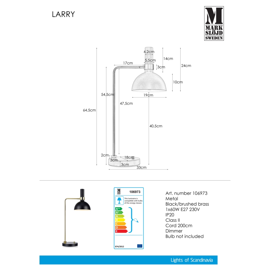 Markslöjd 106973 - Aptumšojama galda lampa LARRY 1xE27/60W/230V
