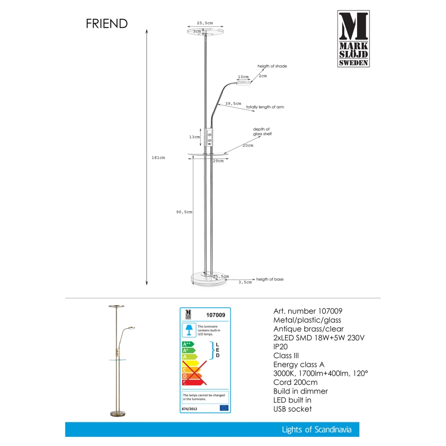Markslöjd 107009 - LED Aptumšojama grīdas lampa FRIEND LED/18W/230V + LED/5W